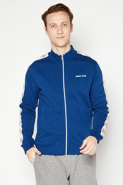 Pan Am Men High Neck Long Sleeve Brand Logo Full Zip Sweatshirt, Navy Blue