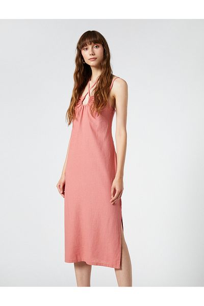 Koton Trägerkleid mit Neckholder und Perlendetail aus Leinenmischung