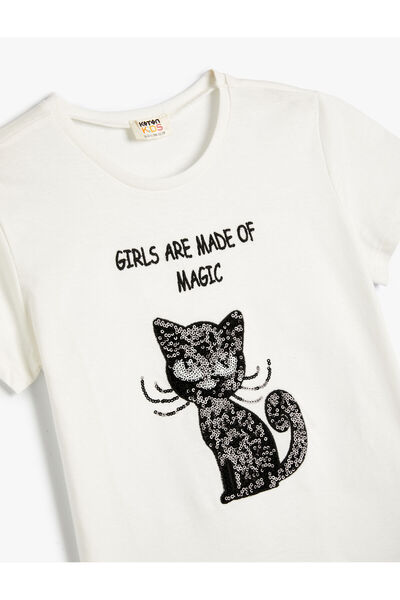 Koton Tričko s krátkým rukávem Crew Neck Cat Flitr Flitr s výšivkou