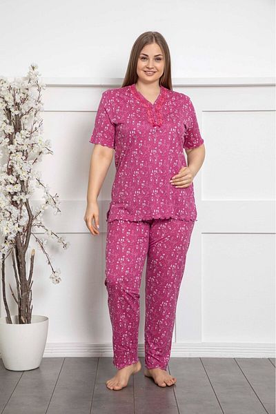 bie's Pink V Lace Detail Collar Large Oversize Bamboo Pocket Plus Size Pajama Set