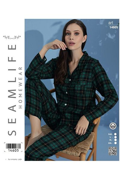 seamlife Set de pijamale cămașă cu mânecă lungă în carouri verde pentru femei