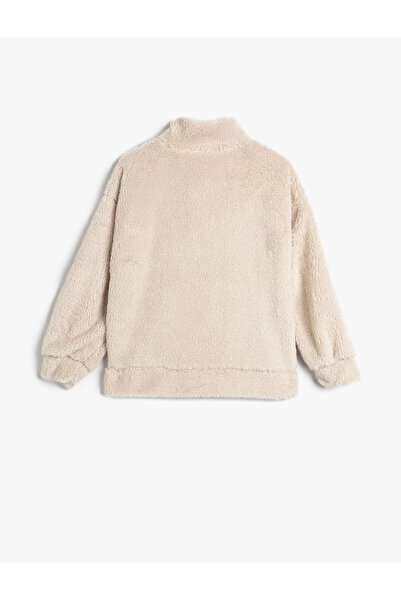 Koton Peluş Sweatshirt Dik Yaka Yarım Fermuar Aplike Detaylı
