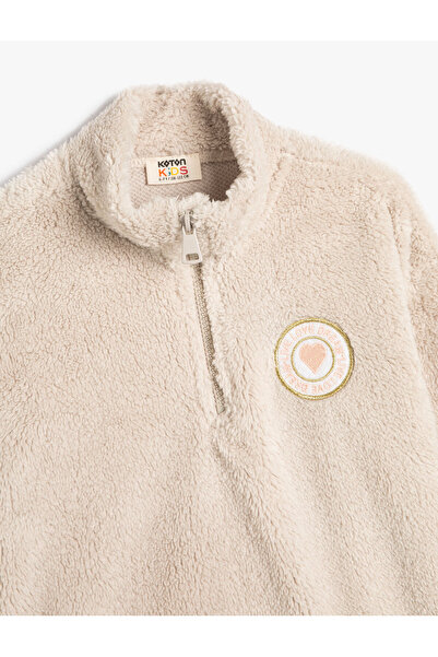 Koton Peluş Sweatshirt Dik Yaka Yarım Fermuar Aplike Detaylı