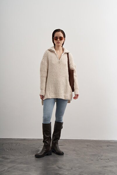 PARKhande Selanik Örgülü Fermuarlı Kazak - Taş