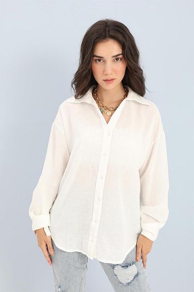 VAPUR TEKSTİL Linen Ecru Shirt - Lace Detailed