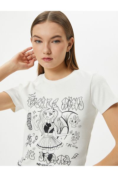 Koton Anime T-Shirt με στάμπα με κοντό μανίκι με λαιμόκοψη και βαμβακερή λεπτή εφαρμογή