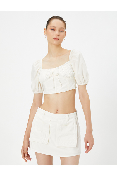 Koton Halenka s balonovým rukávem Crop Halenka Stahovací šňůrka vpředu Kravata s čtvercovým výstřihem Bavlna