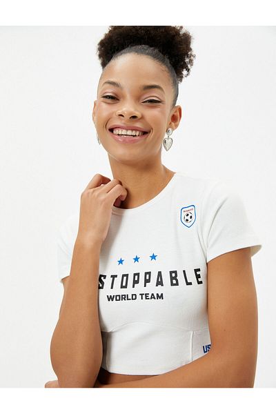 Koton Κορσέ λουκ Crop T-shirt με κοντό μανίκι Crew λαιμόκοψη με στάμπα