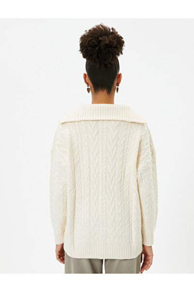 Koton Tunik Triko Kazak Yarım Fermuarlı Balıkçı Yaka Saç Örgü Dokulu Uzun Kollu