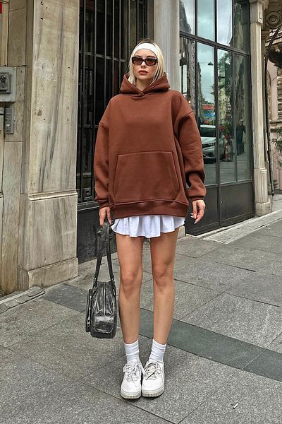 Swist Καφέ Stay Hooded Kangaroo Pocket Oversize γυναικείο φούτερ με φλις εσωτερικά