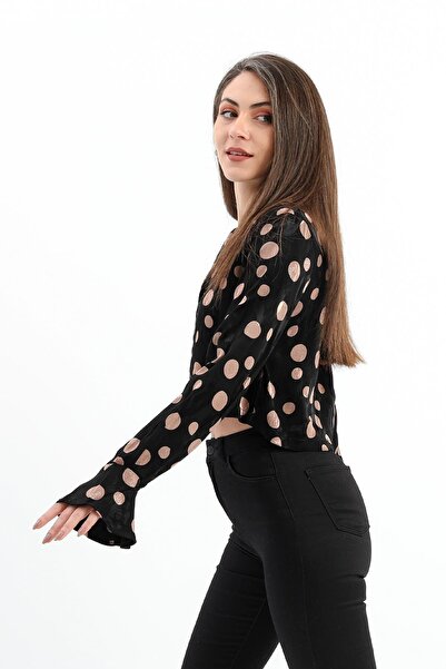 VAPUR TEKSTİL Shoulder Padded Sleeves Flounced Polka Dot Satin Shirt - Black-Camel
