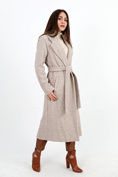 VAPUR TEKSTİL Long Mink Coat - Double Breasted Collar and Flannel Pocket