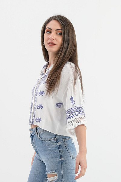 VAPUR TEKSTİL Cămașă cu mâneci cu ciucuri cu model antic - SaksBlue