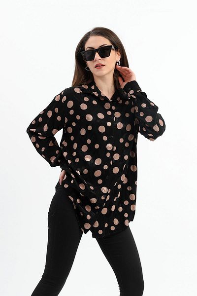 VAPUR TEKSTİL Cămașă din satin - mânecă căzută, model cu buline, negru-camel