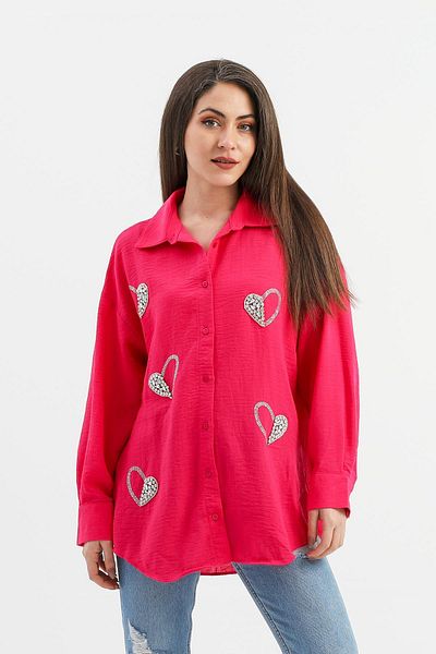 VAPUR TEKSTİL Cămașă de in fucsia - Detaliat în piatră Brodat inimă