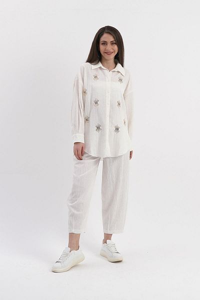 VAPUR TEKSTİL Ecru Crinkle Linen Shirt - Side Slit and Eye Embroidery Detail
