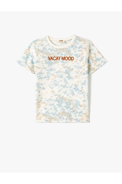 Koton T-Shirt mit Batikmuster und Slogan-Aufdruck, kurzärmlig, Rundhalsausschnitt, Baumwolle