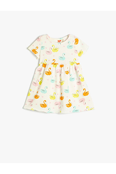 Koton Kleid mit kurzen Ärmeln und Rundhalsausschnitt aus Baumwolle mit Schwan...
