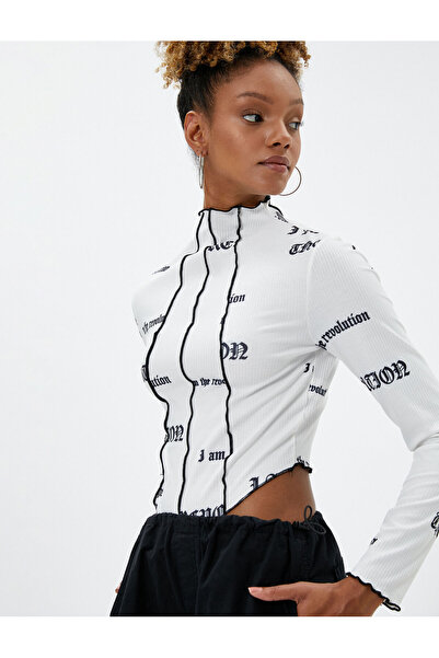 Koton Tricou cu mânecă lungă Crop imprimat Crop asimetric cu detaliu cusătură