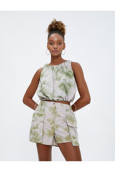 Koton Fallschirm-Crop-Bluse, ärmellos, Batikmuster, Rundhalsausschnitt