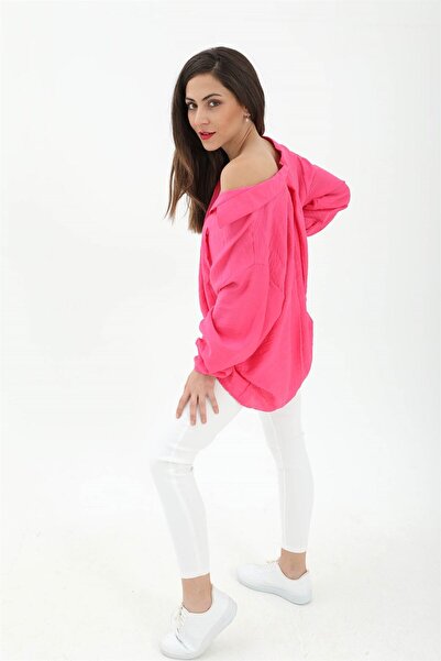 VAPUR TEKSTİL Fuchsia Casual Linen Single Pocket Shirt