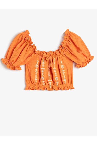 Koton Crop Blouse Ruffled Embroidered Gathered Front Short Sleeve