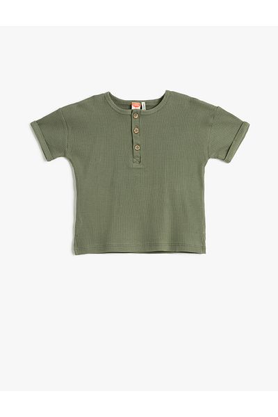 Koton T-Shirt Button Detailed Short Sleeve Crew Neck Ribbed Cotton