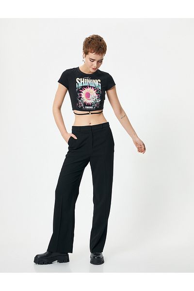 Koton Crop Printed T-Shirt with Tie Detail Short Sleeve Crew Neck Cotton