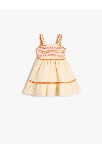 Koton Dress Embroidered Muslin Fabric Cotton Lined Elastic Knee Length