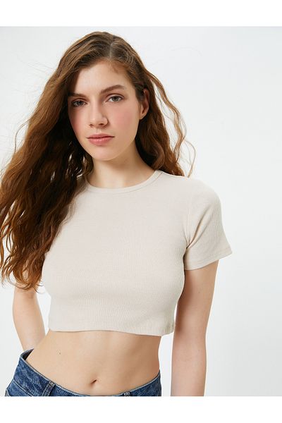 Koton Basic Crop T-Shirt Ribbed Short Sleeve Crew Neck Slim Fit