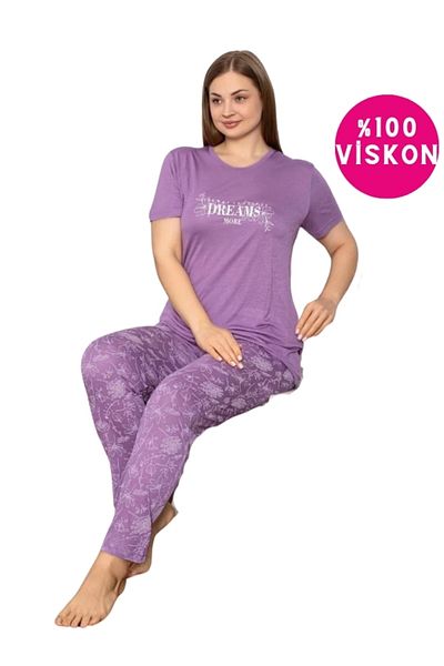 bie's Lilac Floral Buttonless Round Neck Large Oversize Viscose Large Size Pajama Set with Pockets