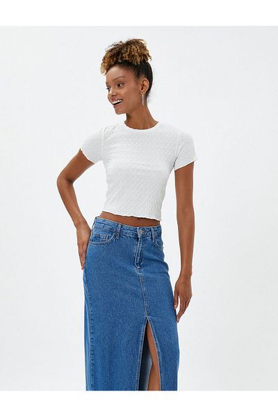 Koton Μπλουζάκι Basic Textured Crop - Crew Neck - Cotton Wrap
