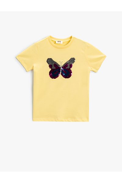Koton Butterfly T-Shirt Sequined Crew Neck Cotton