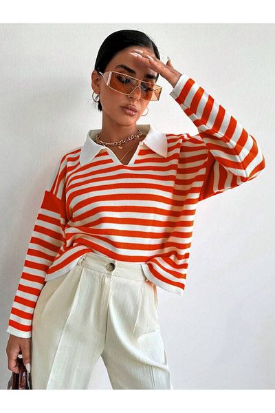 Jose Clothing Γυναικείο πορτοκαλί λευκό πουλόβερ με γιακά ριγέ μακρυμάνικο πλεκτό πουλόβερ