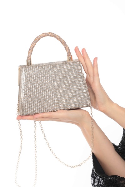 womenacs Gold Color Full Jewelled Chain Strap Stylish New Season Women's Evening Dress Portfolio Wedding Clutch Bag