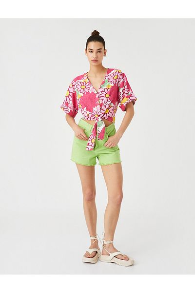 Koton Floral πουκάμισο γραβάτα μπροστινό λινό Viscose Blend