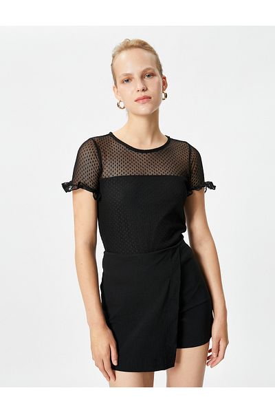 Koton Lace T-Shirt Short Sleeve Crew Neck Ruffle