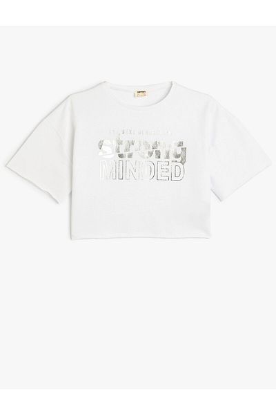 Koton Crop Oversize T-Shirt με εμπριμέ κοντό μανίκι, βαμβακερή λαιμόκοψη