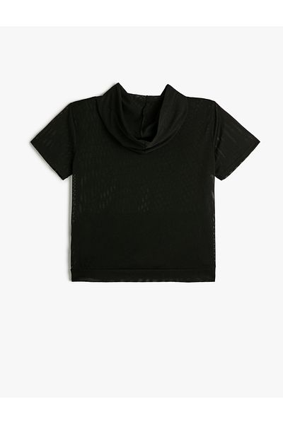 Koton Kapuzen-Mesh-T-Shirt Sport Kurzarm Kängurutasche bedruckt