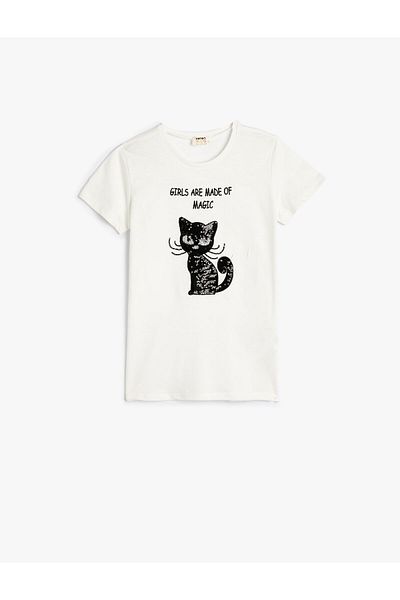 Koton T-Shirt Short Sleeve Crew Neck Cat Sequin Sequin Embroidered