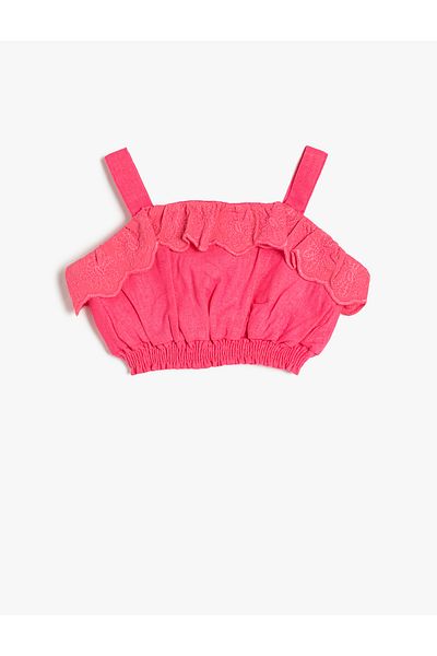 Koton Bluză crop din in, cu bretele subțiri, cu talie elastică, cu volane