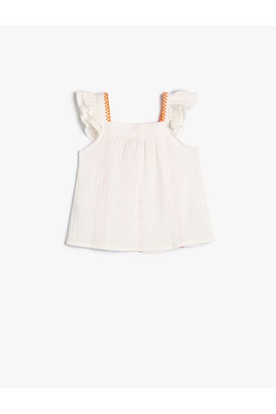 Koton Blouse Ruffled Sleeveless Floral Embroidered Detailed Cotton Muslin Fabric
