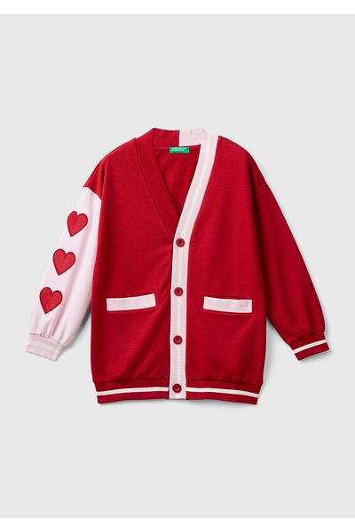United Colors of Benetton Hanorac din lână cu model de inimă, cu mânecă dreaptă, de culoare contrastantă, roșu
