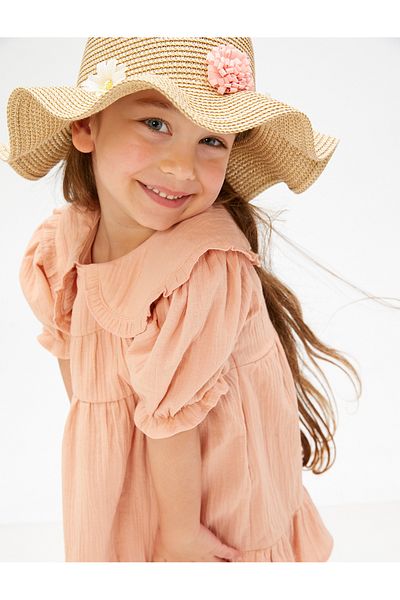Koton Dress Wide Baby Collar Elastic Short Balloon Sleeves Frilly Cotton