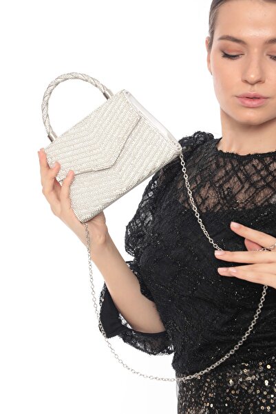 womenacs Νέας σεζόν Κομψό γυναικείο βραδινό φόρεμα - Mother of Pearl Χρώμα, Pearl Stone, Chain Strap, Full Stone Portfolio Clutch Bag