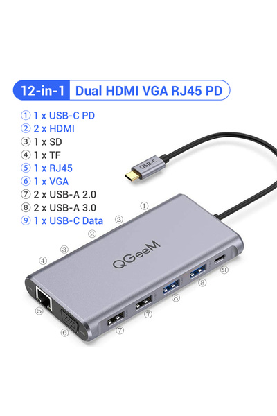 Choice محطة إرساء USB C من WHITE QGeeM، محطة إرساء لابتوب 12 في 1 مع منفذ USB...