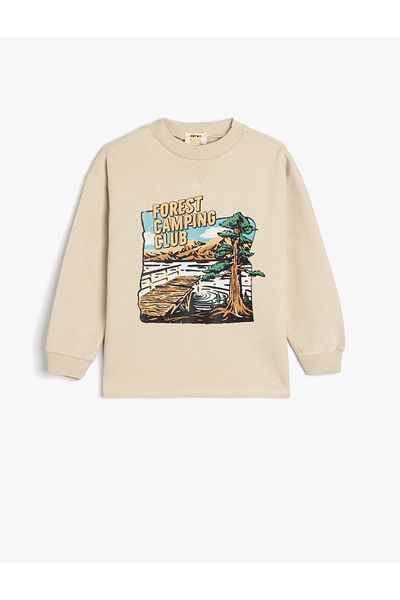 Koton Bavlněná oversize mikina - dlouhý rukáv, výstřih, detail potisku
