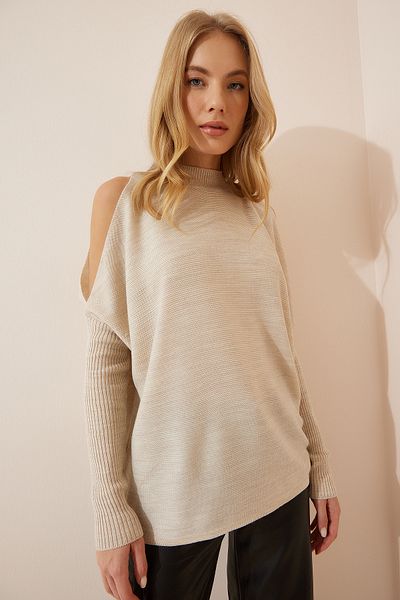 Lovelyİstanbul Beige Oversize Knitwear Sweater - Cut Out Detailed, Las0003