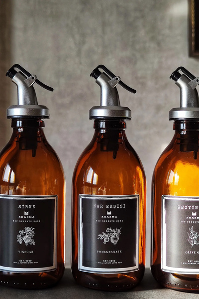KHAKMA Amber Zeytinyağı Nar Ekşisi Sirke Şişesi Yağdanlık 3 lü Set 300ml Stantsız Sm3ç-sz
