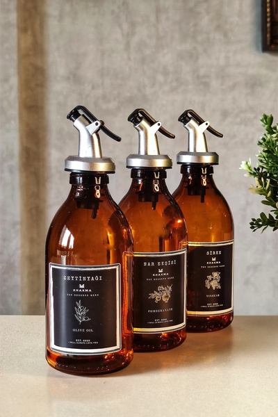 KHAKMA Amber Zeytinyağı Nar Ekşisi Sirke Şişesi Yağdanlık 3 lü Set 300ml Stantsız Sm3ç-sz
